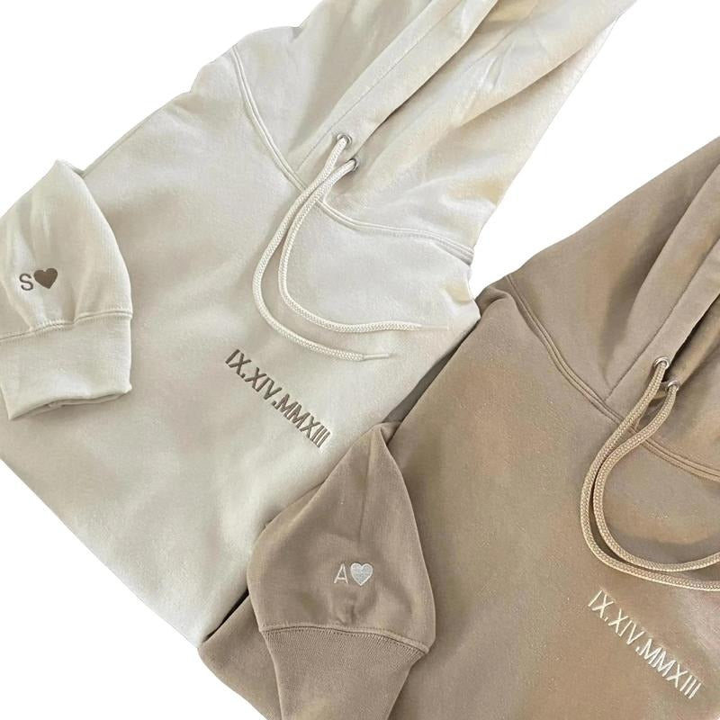 Custom Roman Numeral Hoodie, Personalized Date Initials Gift for Couples, Engagement, Anniversary, Embroidered Long...
