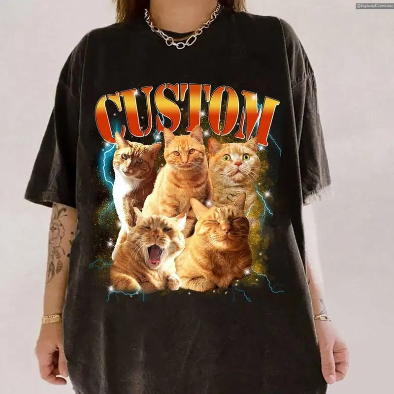 Custom Vintage Pet Shirt Photo, Name Image Personalized Dog Cat Tee, T-Shirts for Pet Lovers Retro 90's Bootleg Vintage...