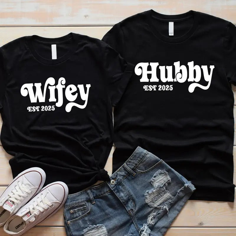 Custom Wife Husband Est Wedding Party Shirt Honeymoon Wedding Shirt Just Married Shirts Matching Couple T-Shirts, Hoodie, Sweatshirt