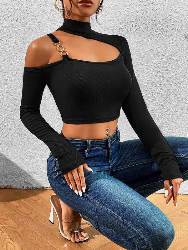 Cut Out Long Sleeve Crop Tops Mock Neck Chain Asymmetrical Shoulder T-Shirts, Hoodie, Sweatshirt