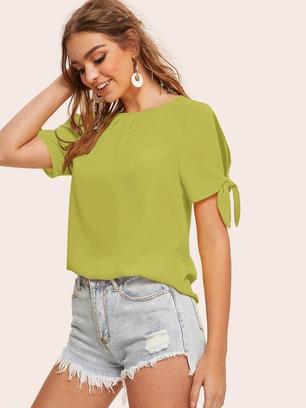 Cut Out Tie Cuff Short Sleeve Blouse Pleated Round Neck Casual Shirts Tops T-Shirts, Hoodie, Sweatshirt