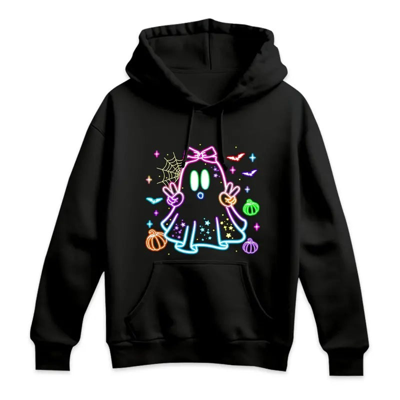 Cute  Neon Boo Ghost Shirt, Halloween Boo Bow Shirt, Neon Halloween Shirt, Boo Ghost Shirt Hoodie Cotton Sweatshirt
