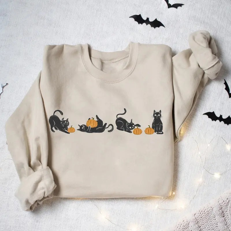 Cute Black Cats On Pumpkin Sweatshirt, Black Cat Pumpkin Halloween Shirt, Pumpkin Fall, Black Cat Pumpkin Halloween...