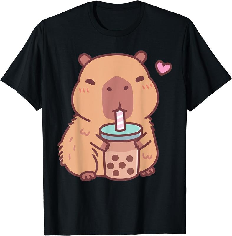 Cute Capybara Kawaii Anime Drinking Bubble Tea Lover Girls T-Shirt | Unisex Cotton Tee Gift, Crewneck, Short Sleeve...