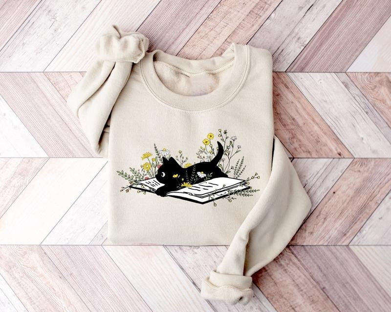 Cute Cat Book Sweatshirt, Bookish Sweatshirt, Black Cat Folral Book Sweater, Book Lover Shirt, Gift for Cat Lover,...