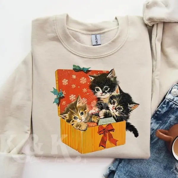 Cute Cat Christmas Sweater, Vintage 90s Cat Christmas Sweater, Retro Christmas Gift, Funny Cat Christmas Sweatshirt, Cat...
