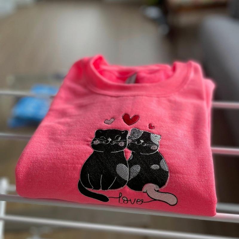 Cute Cat Embroidered Crewneck Sweatshirt, Cat Lovers Pullover Long sleeve Womenswear T-Shirts, Hoodie | PrintMintTees.com