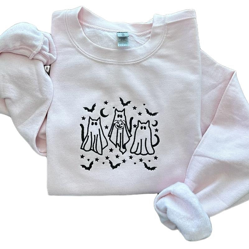 Cute Cat Halloween Embroidered Crewneck Sweatshirt Comfort Casual Fit T-Shirts, Hoodie | PrintMintTees.com