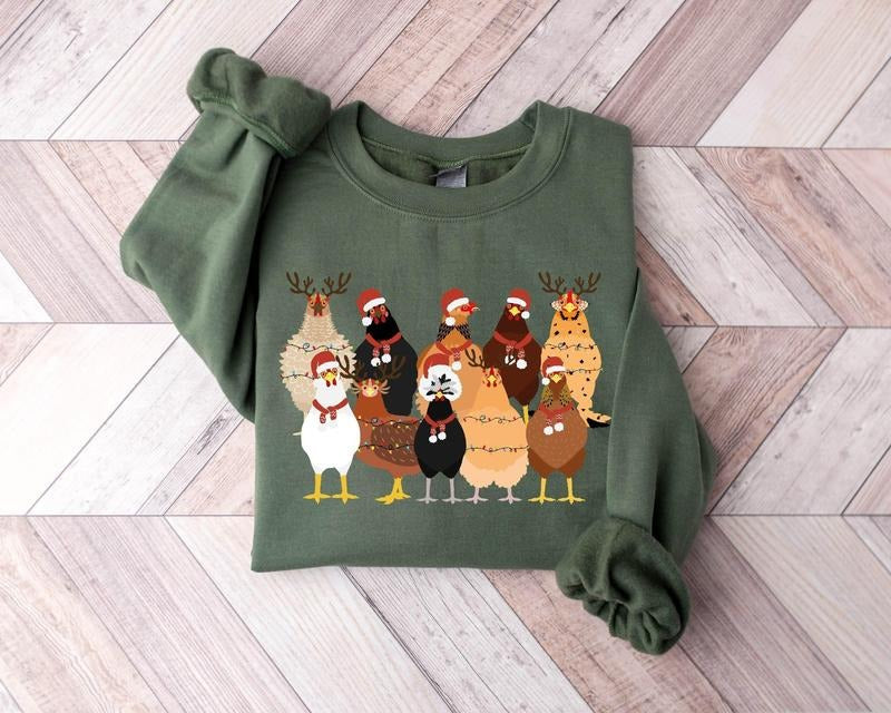 Cute Christmas Chickens Sweatshirt, Christmas Farm Animal Sweatshirt, Chricken Christmas Lights Shirt, Chickens Lover...