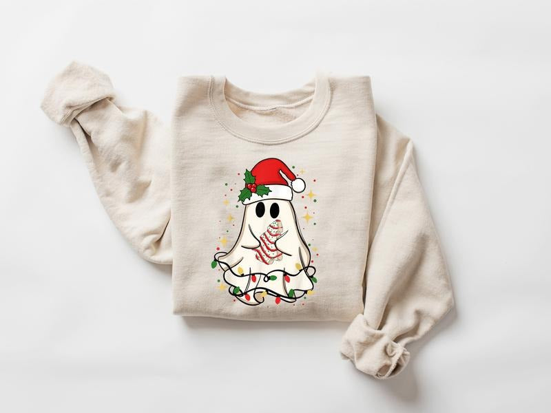 Cute Christmas Ghost Tree Cake Sweatshirt, Christmas Tree Cake Sweater, Merry Christmas Shirt, Ghost Christmas Shirt,...
