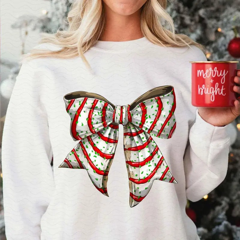 Cute Christmas Tree Cake Bow Sweater, Trendy Christmas Bow Shirt, Holiday Spirit Christmas Sweatshirt, Cotton Crew Neck...