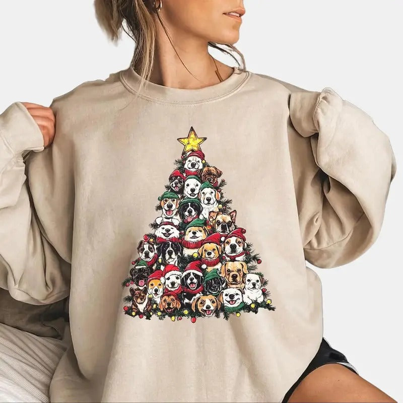 Cute Dogs Tree Sweatshirt - Christmas Sweatshirt for Dog Mom - Fabric, Cotton Crewneck Fit Shirt Hoodie | PrintMintTees.com