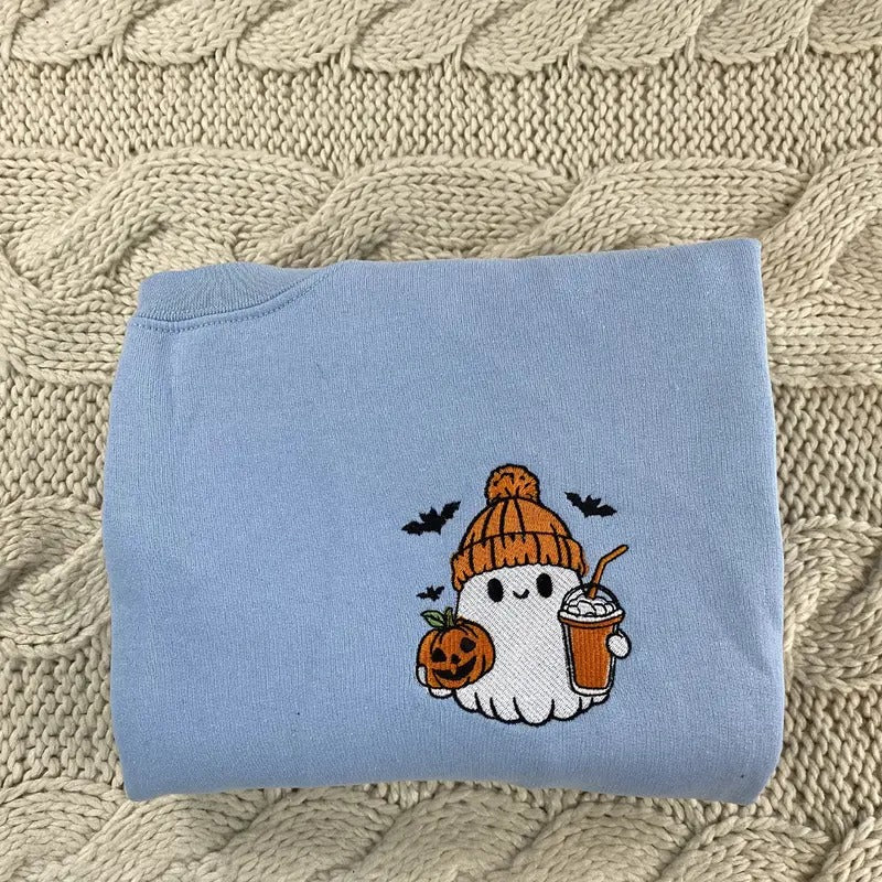 Cute Embroidered Ghost Ice Coffee Embroidered Halloween Coffee Lover T-Shirts, Hoodie, Sweatshirt