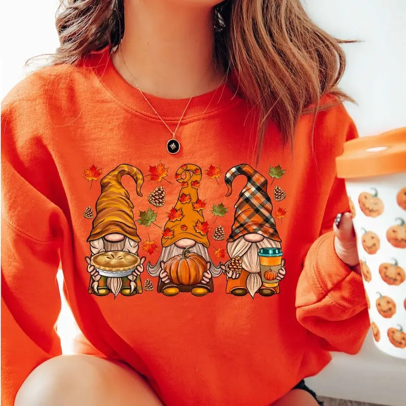 Cute Fall Sweatshirt - Gnome & Thanksgiving Gnomes Design - Pumpkin & Pumpkin Patches - Soft Orange Fabric - Ideal for...