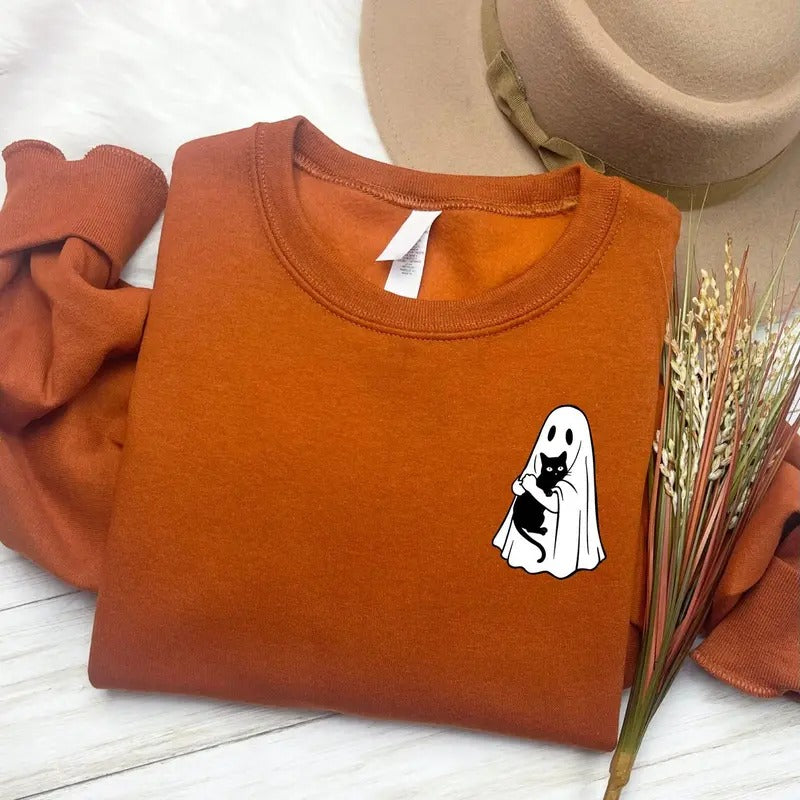 Cute Ghost Black Cat Sweatshirt, Spooky Cat Sweatshirt, Womens Halloween Sweatshirt Cotton Sweaters Shirt Hoodie