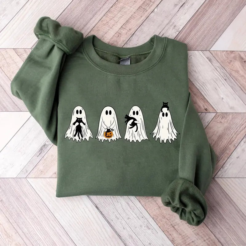Cute Ghost Black Cats Halloween Sweatshirt, Ghost Cat Halloween Shirt, Ghost Shirt, Pumpkin Fall, Black Cat Pumpkin...