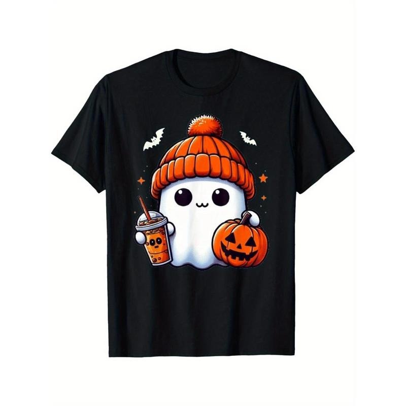 Cute Ghost Drinking coffee Halloween Ghost Iced Coffee Men's T-shirt Made in USA Hoodie Sweatshirt | PrintMintTees.com