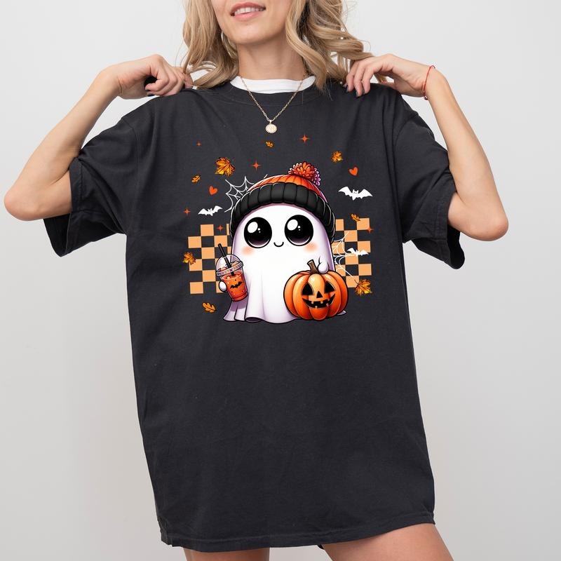 Cute Ghost Halloween Comfort Colors Shirt, Halloween Vibes Graphic Tee, Checkered Autumn Vibes Unhinged Shirt, Cute...