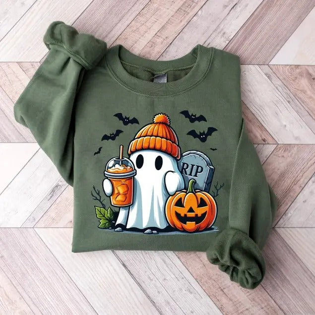 Cute Ghost Pumpkin Coffee Sweatshirt, Ice Ghost Pumpkin Spice Latte Shirt, Womens Halloween Shirt, Spooky Season , Fall...