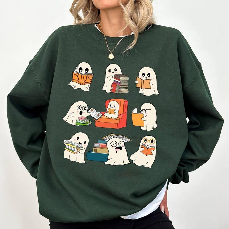 Cute Ghost Reading Books Sweatshirt, Reading Boos Teacher Crewneck, Bookish Halloween Sweatshirt For Girls, Cute...