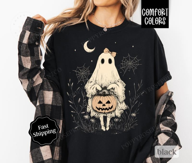 Cute Ghost Shirt Comfort Colors, Halloween Shirt,  October Vibes Shirt for Women Oversized Crewneck Tee Hoodie, Sweatshirt
