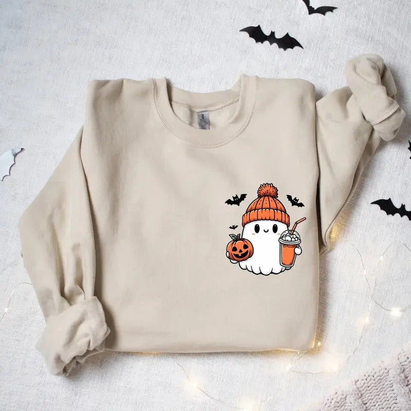 Cute Ghost Sweatshirt, Little Ghost Iced Coffee Sweater, Ghost Pumpkin Halloween Sweatshirt, Fall Halloween Sweatshirt,...