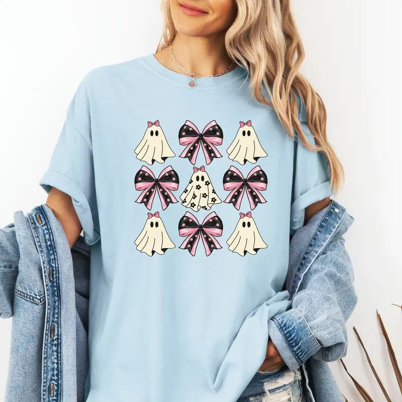 Cute Ghost and Bow design on custom colors tee shirt Casual Hoodie, Sweatshirt | PrintMintTees.com