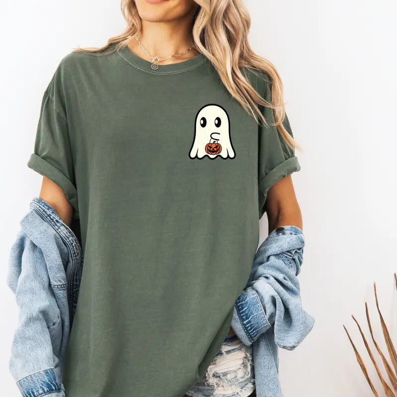 Cute Ghost with Pumpkin Design Custom Colors Tee Shirt Casual Top for Women Halloween Streetwear Outfit Womenswear Day...