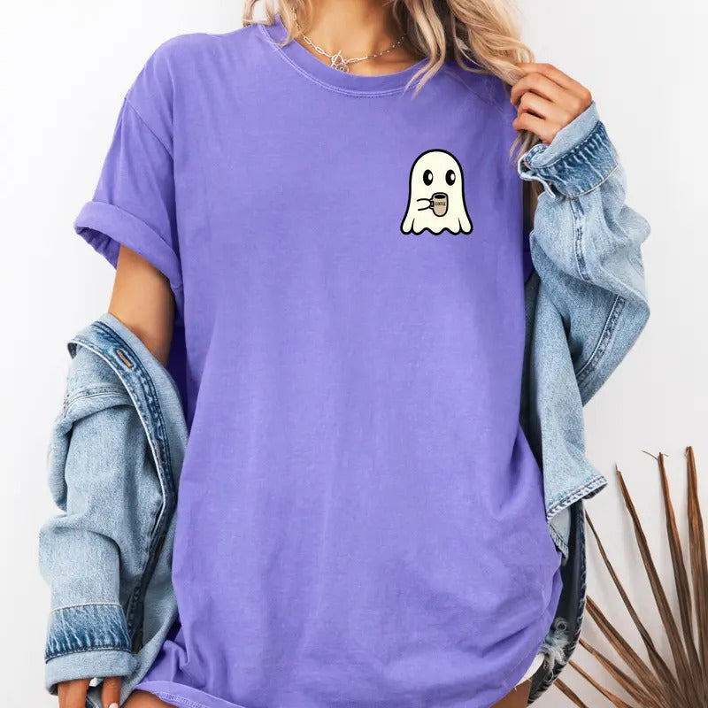 Cute Ghost with a Cup of Joe design on custom colors tee shirt Casual Hoodie Sweatshirt | PrintMintTees.com