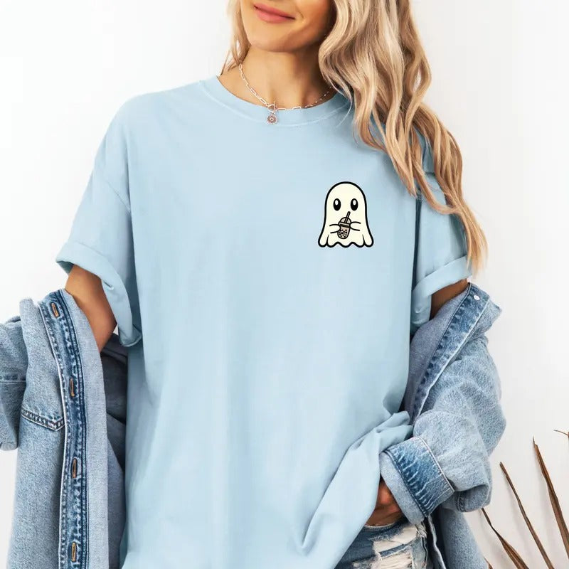 Cute Ghost with iced drink design on custom colors tee shirt Casual Hoodie, Sweatshirt | PrintMintTees.com