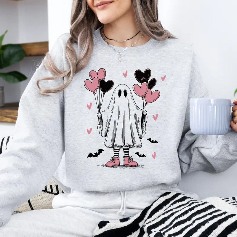 Cute Ghost, Lover, Hearts, Valentine's Day, Love Sweatshirt, Crew Neck, Women's, Crewneck, Valentine's Day, Love, Heart,...