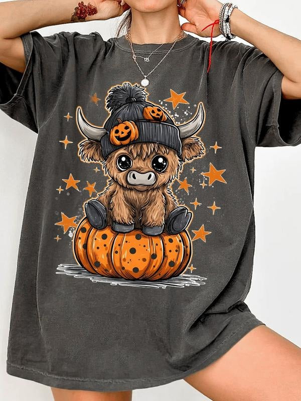 Cute Halloween Cute Cartoon Cow Shirt Pumpkin Women's Shirt Weird T-shirt, Comfortable Farm Animal Pumpkin Tops Hoodie...