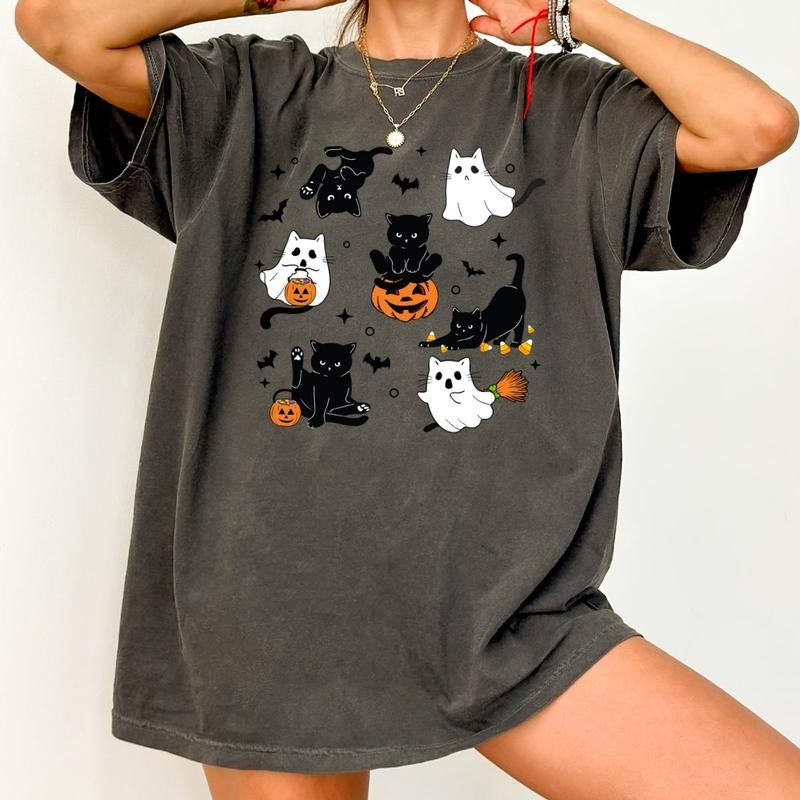 Cute Halloween Ghost Cat  Printed Comfort Colors T-Shirt Hoodie Sweatshirt | PrintMintTees.com