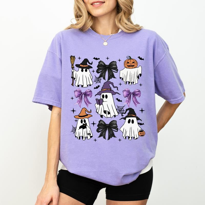 Cute Halloween Ghost Comfort Colors Shirt, Coquette Bows Halloween Graphic Tee, Black Bow Unhinged Shirt, Funny T-shirt...