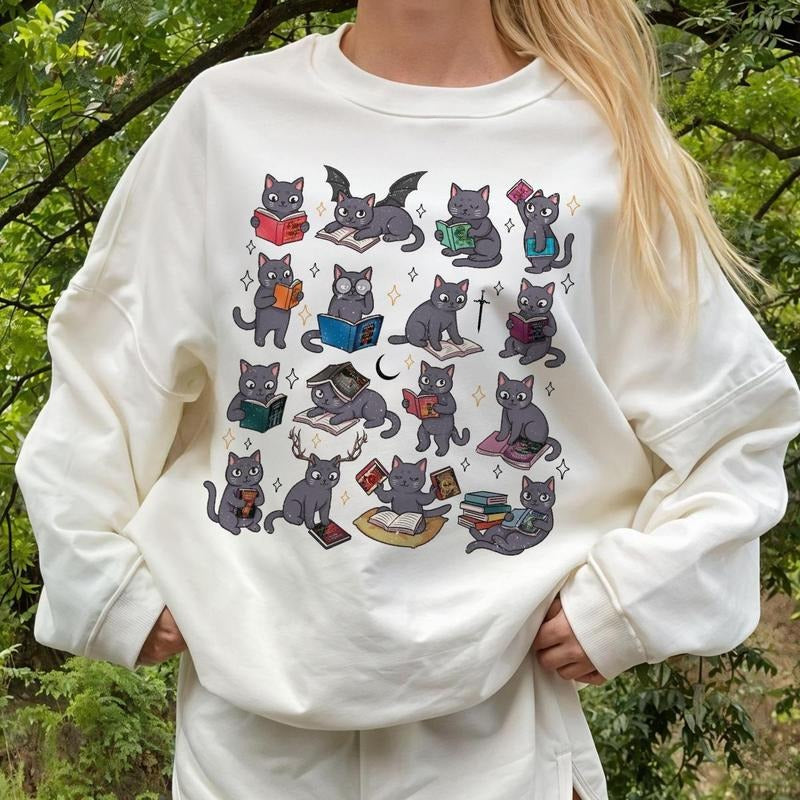 Cute Halloween SJM Cat Shirt Comfort Colors, Bookish Ghost Tshirt, Cute Cat Reading Fantasy Book Tee, SJM ACOTAR Book,...