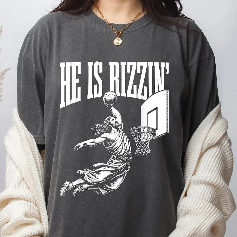 Cute He Is Rizzin' 90s Shirt, Christian Funny Shirt, Jesus Playing Basketball Cotton Top Hoodie Sweatshirt