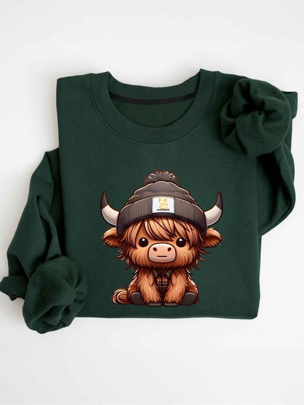 Cute Highland Cow "Plaid Beanie" Graphic Sweatshirt