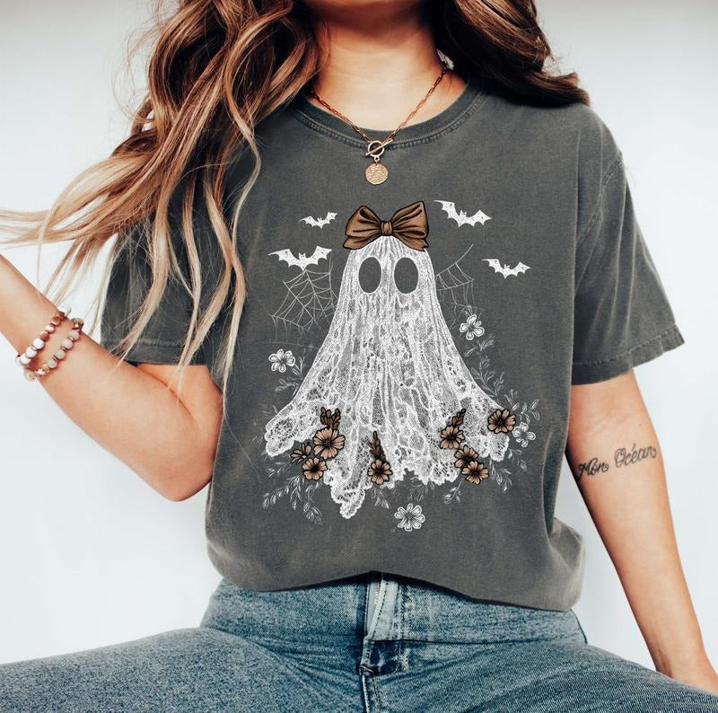 Cute Lace Ghost Halloween Comfort Colors Shirt, Boo In Bojee Shirt, Halloween Boo Lace Bow Tee, Funny Halloween Gift,...