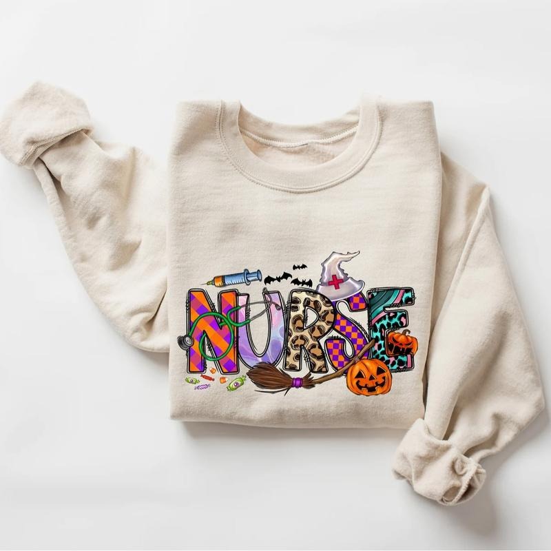 Cute Nurse Halloween Sweatshirt, Funny Nurse Halloween Sweater, Spooky Nurse Halloween Shirt, Cozy Fall Halloween Gift...