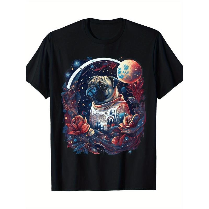 Cute Pug surrounded by Stars Planet Graphic T-shirt -100% cotton Made in USA Hoodie Sweatshirt | PrintMintTees.com