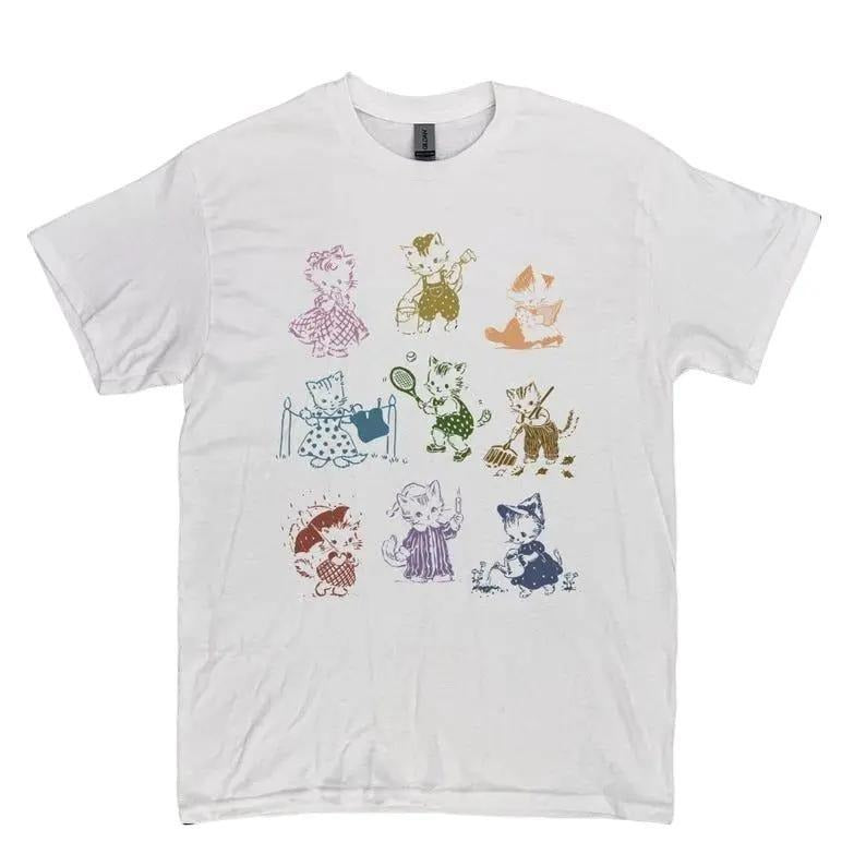 Cute Vintage Kitten 1950's Story Book Style Shirt, Vintage Kittens T-shirt, Vintage Washed Shirt, Retro Distressed Shirt,...