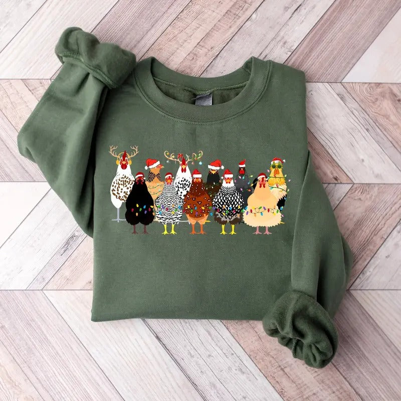Сute Christmas Chickens Sweatshirt, Chicken Christmas Sweater, Christmas Farm Animals Sweatshirt, Womens Christmas...