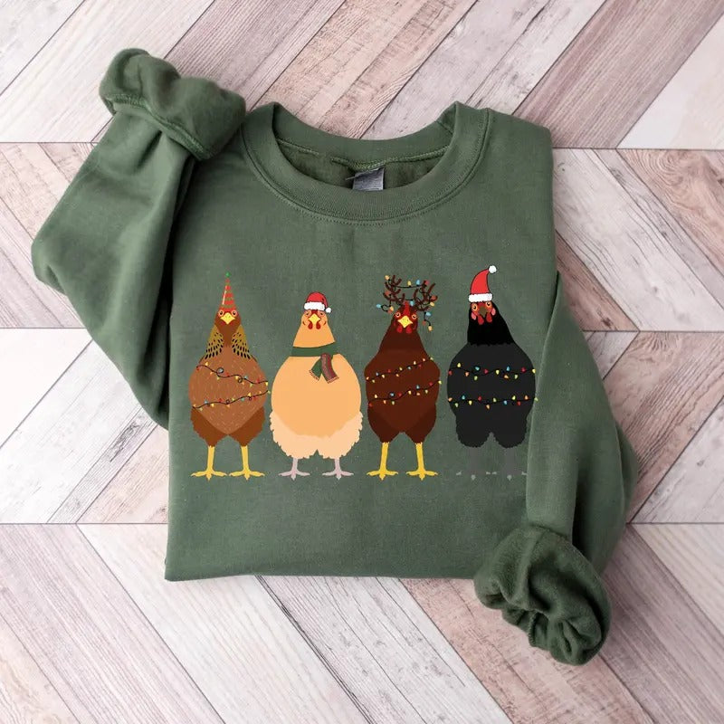 Сute Christmas Chickens Sweatshirt, Christmas Chickens Shirt, Christmas Lights, Christmas Farm Sweatshirt, Funny...