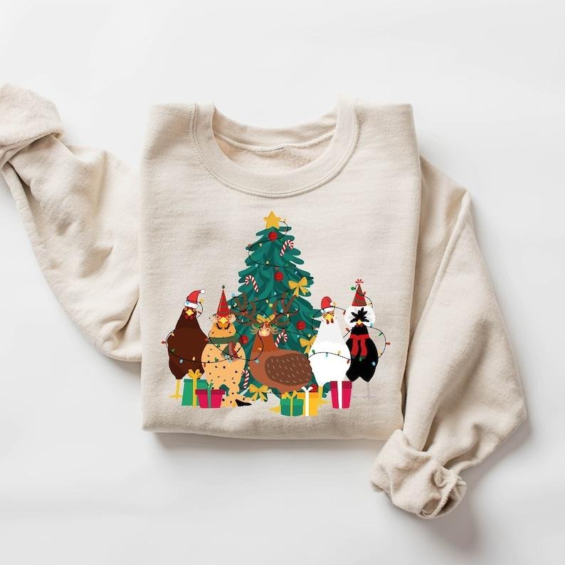 Сute Christmas Chickens Sweatshirt, Christmas Farm Sweatshirt, Chickens Lover Sweater, Funny Holiday Sweater, Cute...