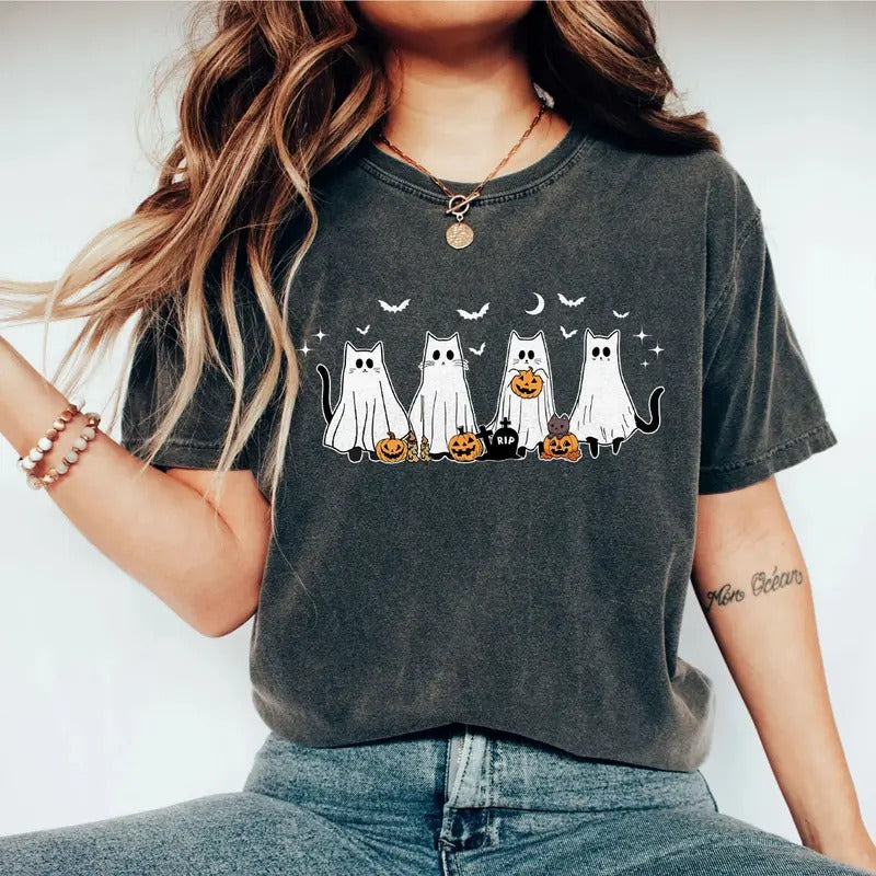 Сute Ghost Cats Shirt, Retro Halloween Shirt, Ghost Cats Sweatshirt, Cat Lovers Shirt, Black Cat Shirt, Spooky Season for...