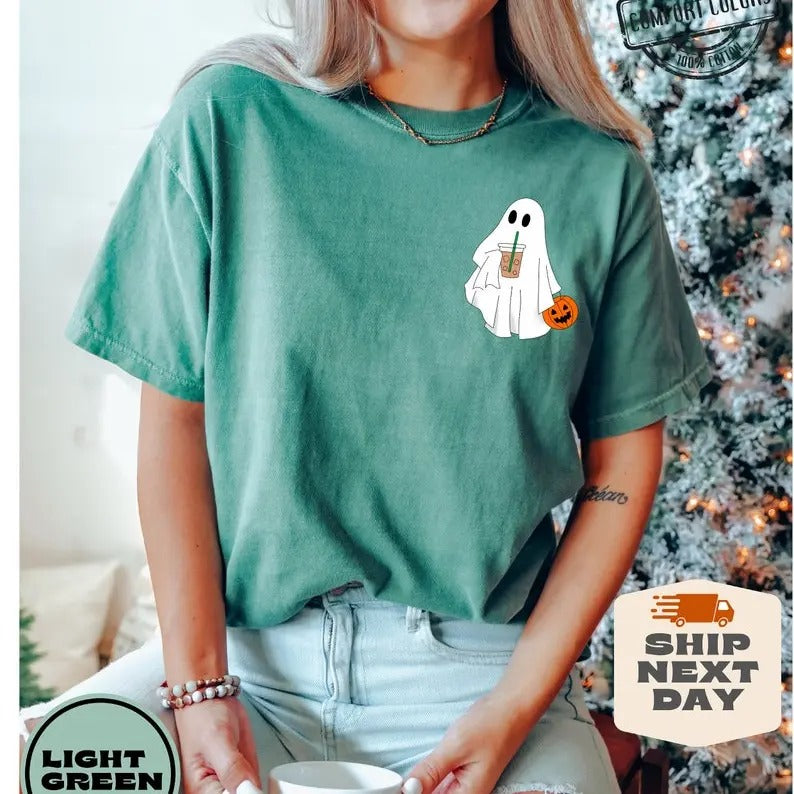 Сute Ghost Coffee Shirt, Сute Little Ghost Iced Coffee t-shirt,  Ghost Coffee Shirt, Halloween Coffee Lovers Hoodie...