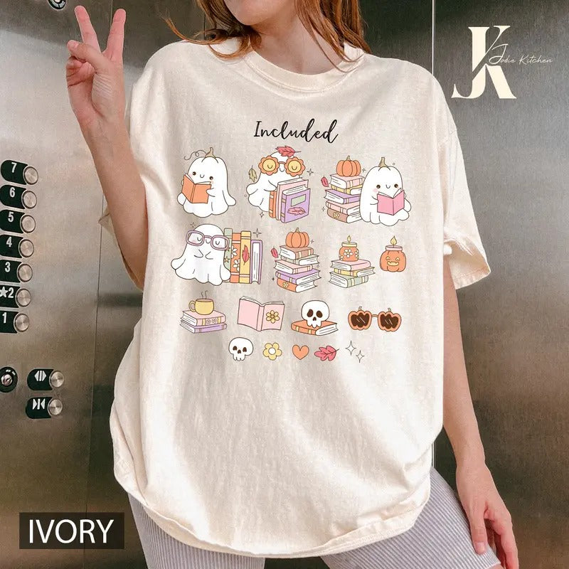 Сute Ghost Reading Books Shirt, Ghost Reading T-shirt, Books Lovers Shirt, Summerween Tee, Halloween Ghost T-shirt,...