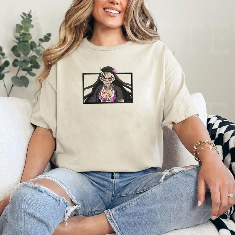 DS Nezuko Anime Character Embroidery Crewneck Tshirt Hoodie, Anime Shirt Gift For Otaku Sweatshirt | PrintMintTees.com