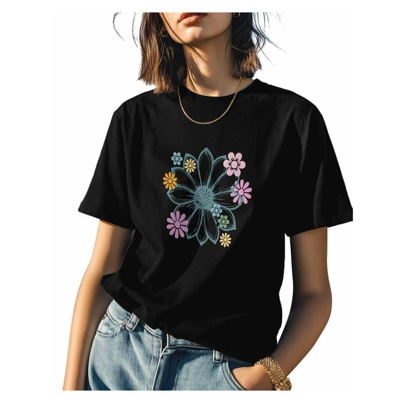 Daisy Floral Womens Tshirt Graphic Tees Cotton Crew Neck T-Shirts, Casual Short Sleeve Shirts for Women Teen Girl style...