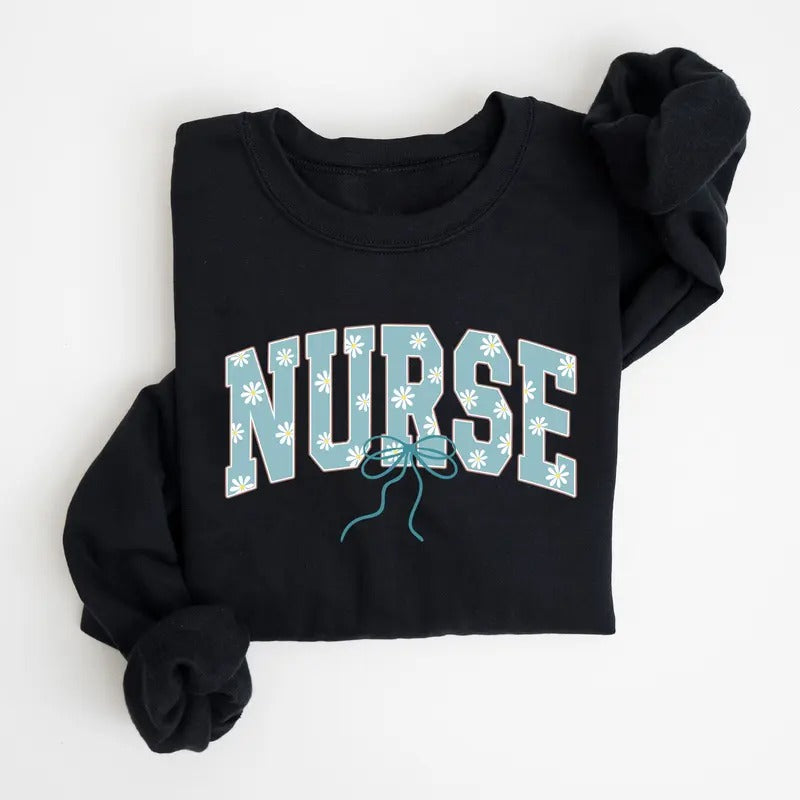 Daisy Nurse Sweatshirt, Coquette Floral Nurse Bow Shirt, Floral RN ER NICU ICU Tee Shirt, Nurse Appreciation Gift,...